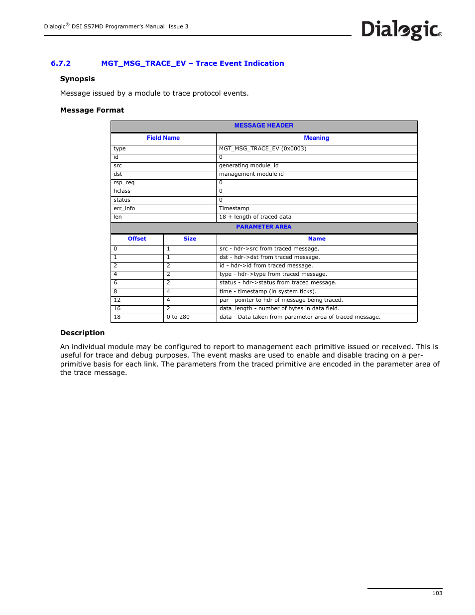 2 mgt_msg_trace_ev, Mgt_msg_trace_ev, Trace event indication | Dialogic DSI SS7MD User Manual | Page 103 / 191