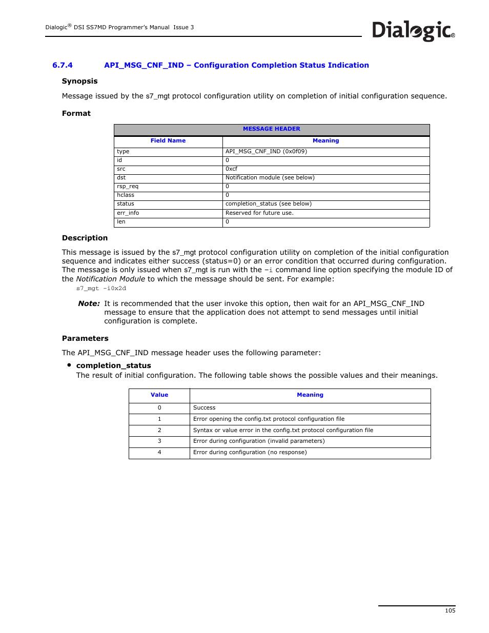 4 api_msg_cnf_ind, Api_msg_cnf_ind, Configuration completion status indication | Dialogic DSI SS7MD User Manual | Page 105 / 191