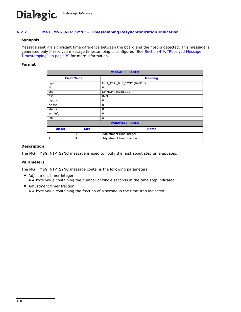 7 mgt_msg_ntp_sync, Mgt_msg_ntp_sync, Timestamping resynchronization indication | Dialogic DSI SS7MD User Manual | Page 108 / 191