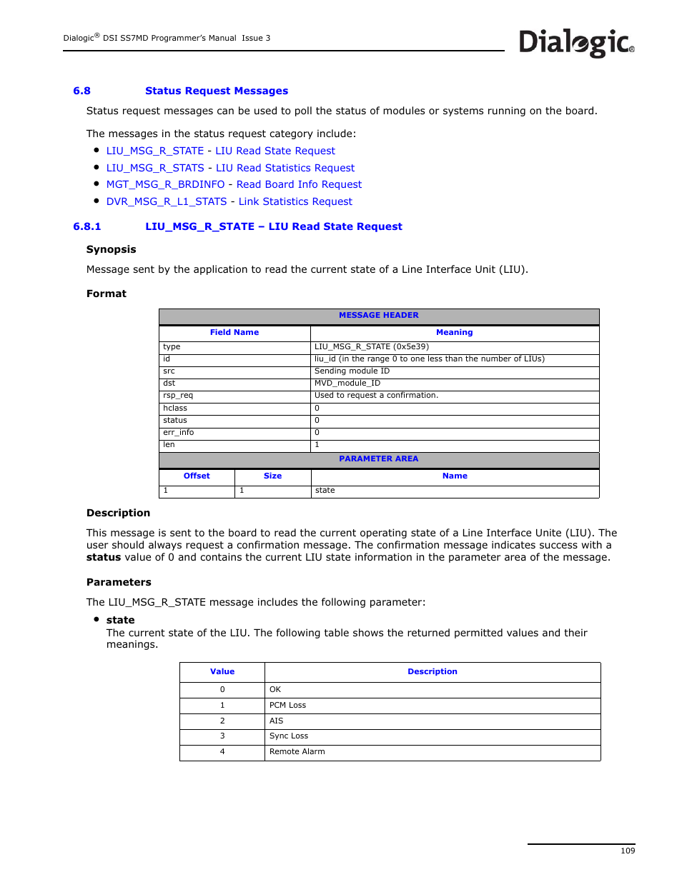 8 status request messages, 1 liu_msg_r_state, Status request messages | Dialogic DSI SS7MD User Manual | Page 109 / 191