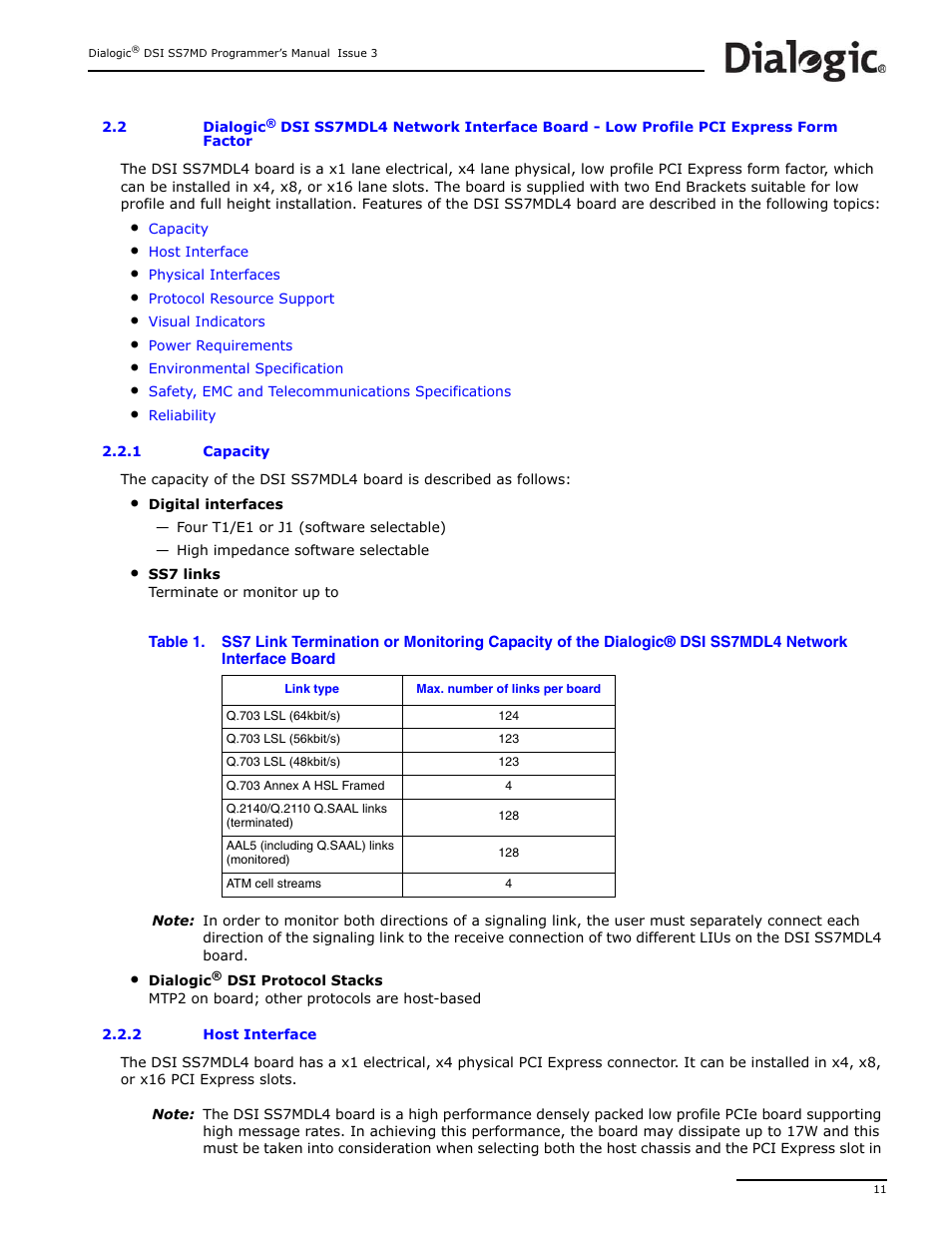 1 capacity, 2 host interface, Dialogic | Capacity, Host interface | Dialogic DSI SS7MD User Manual | Page 11 / 191