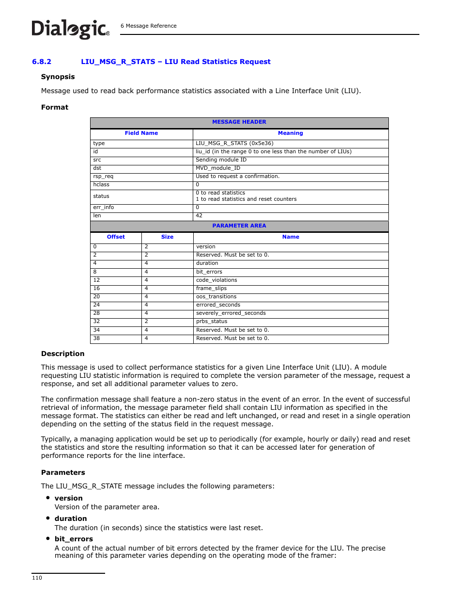 2 liu_msg_r_stats, Liu_msg_r_stats, Liu read statistics request | Dialogic DSI SS7MD User Manual | Page 110 / 191