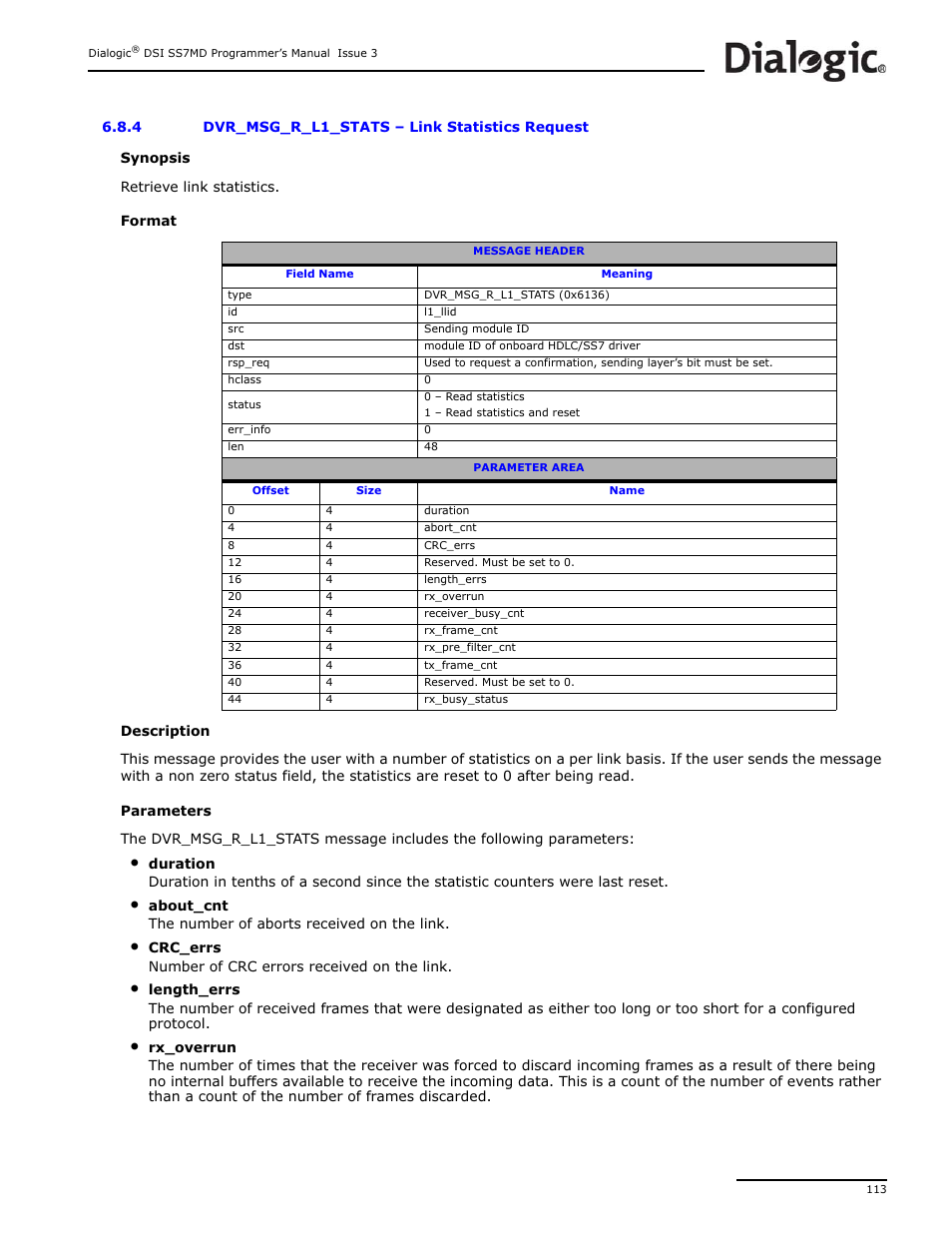 4 dvr_msg_r_l1_stats, Link statistics request, Dvr_msg_r_l1_stats | Dialogic DSI SS7MD User Manual | Page 113 / 191