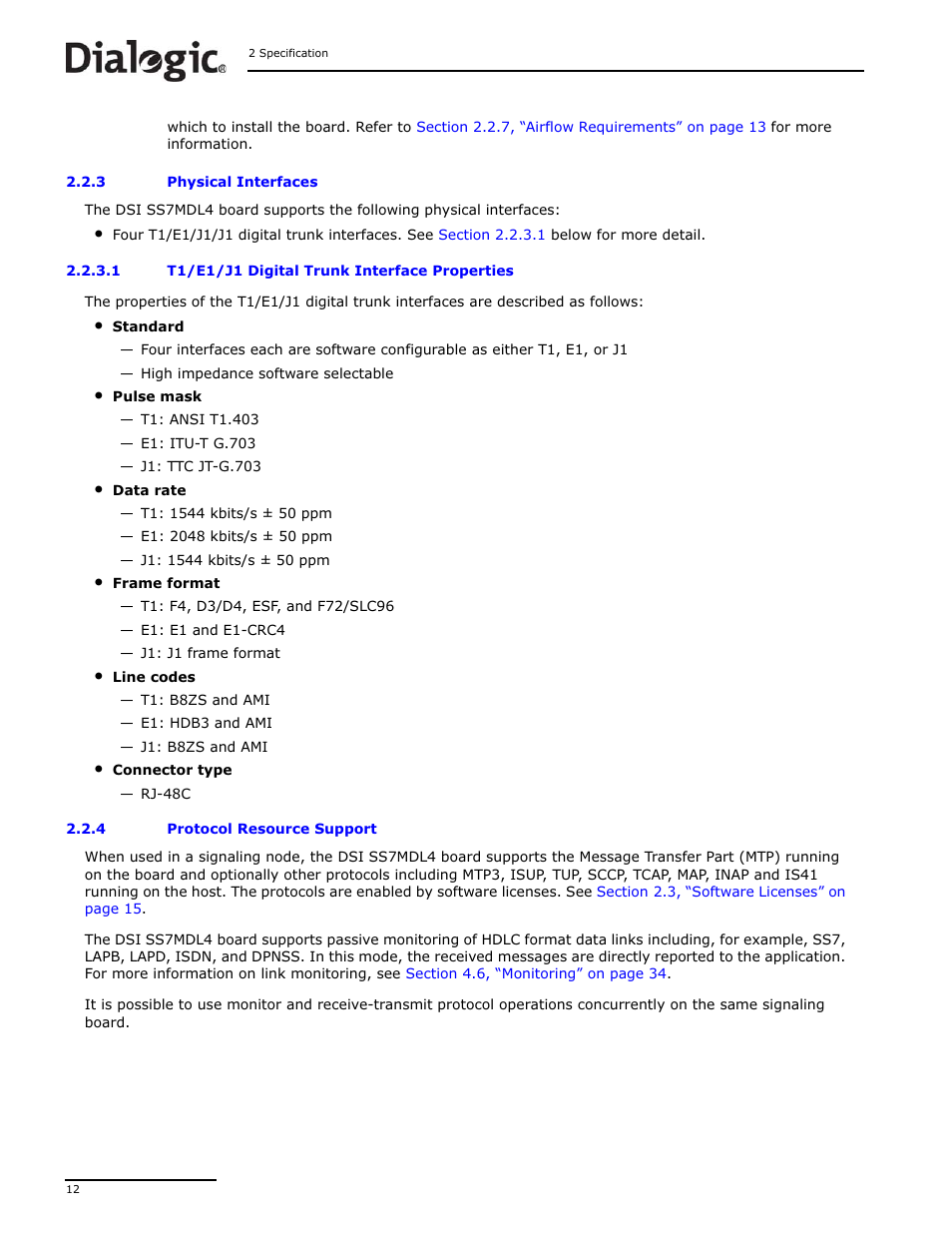 3 physical interfaces, 4 protocol resource support, Physical interfaces | Protocol resource support | Dialogic DSI SS7MD User Manual | Page 12 / 191