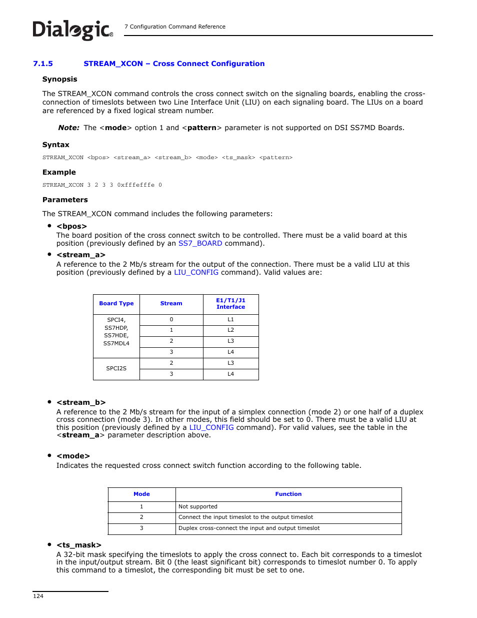 5 stream_xcon, Stream_xcon, Cross connect configuration | Dialogic DSI SS7MD User Manual | Page 124 / 191