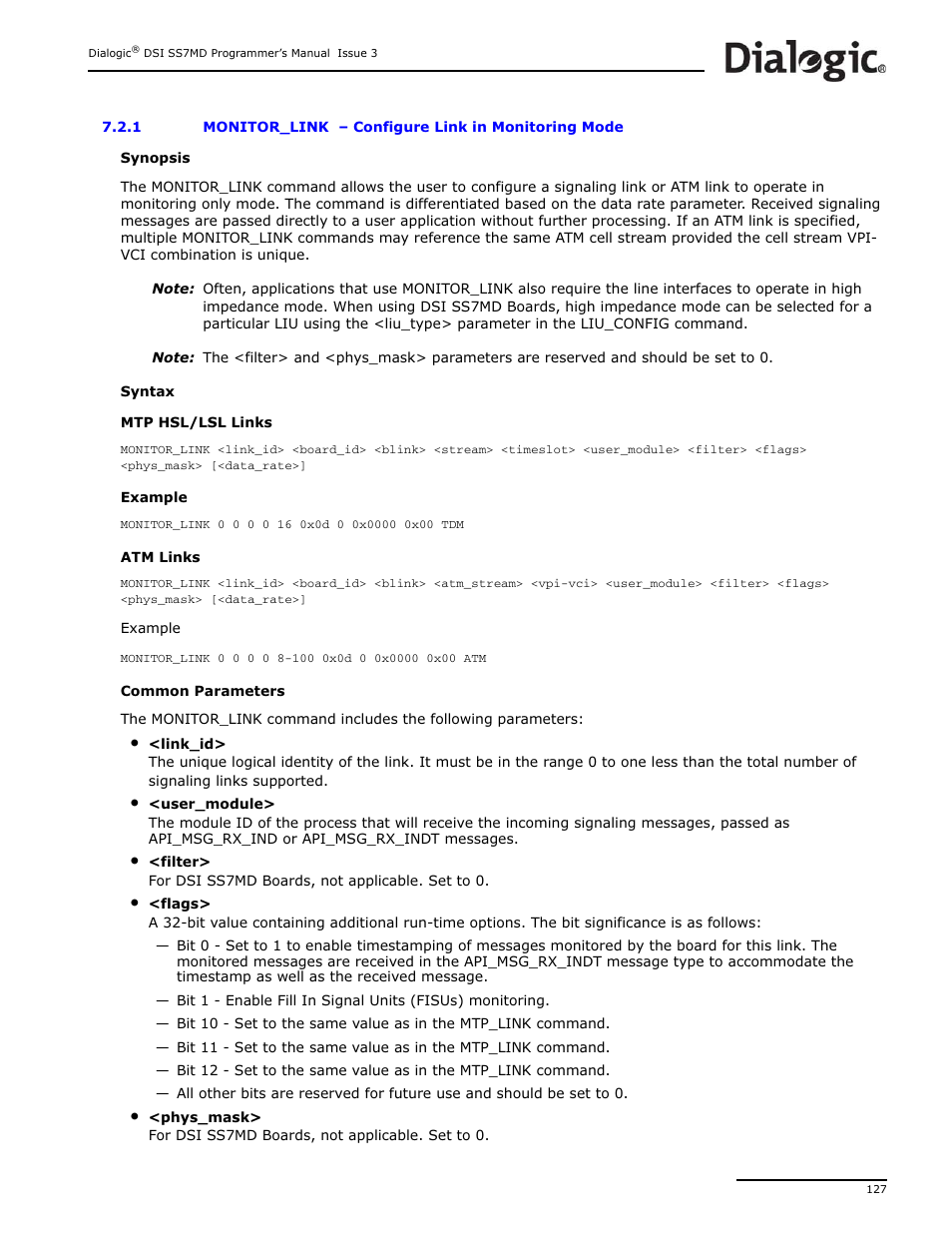 1 monitor_link, Monitor_link, Command | Module id in the | Dialogic DSI SS7MD User Manual | Page 127 / 191