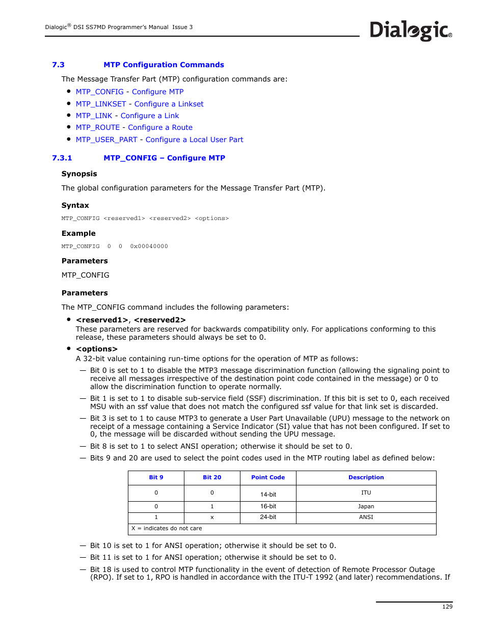 3 mtp configuration commands, 1 mtp_config, Mtp configuration commands | Dialogic DSI SS7MD User Manual | Page 129 / 191