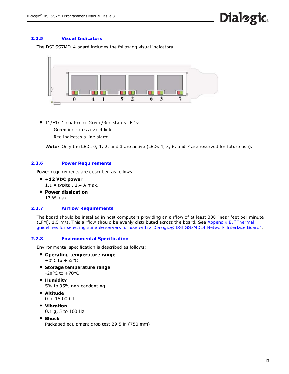 5 visual indicators, 6 power requirements, 7 airflow requirements | 8 environmental specification, Visual indicators, Power requirements, Airflow requirements, Environmental specification, Fer to, For more | Dialogic DSI SS7MD User Manual | Page 13 / 191