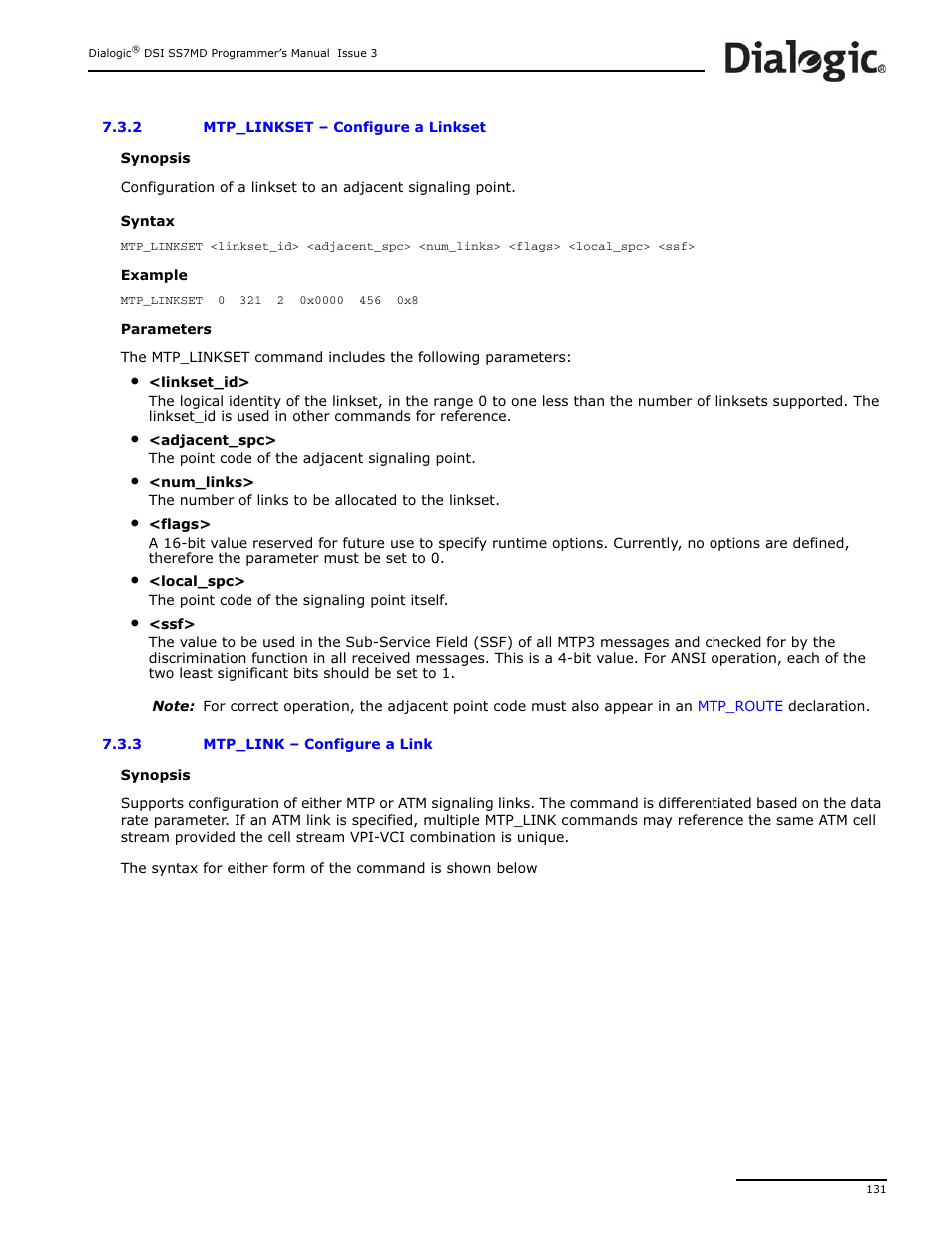 2 mtp_linkset, 3 mtp_link, Mtp_link | Mtp_linkset, Configure a linkset, Configure a link | Dialogic DSI SS7MD User Manual | Page 131 / 191