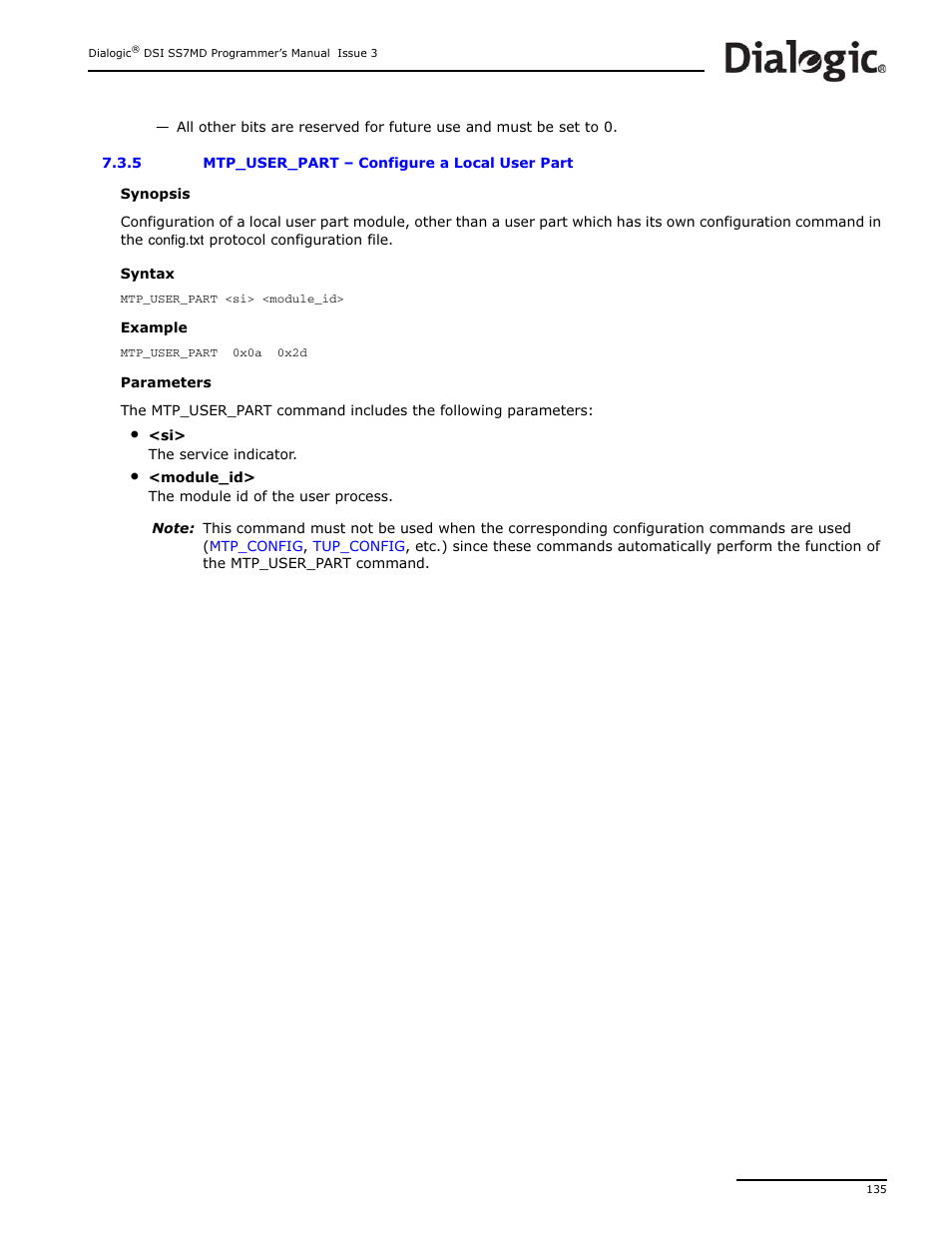 5 mtp_user_part, Mtp_user_part, Configure a local user part | Dialogic DSI SS7MD User Manual | Page 135 / 191