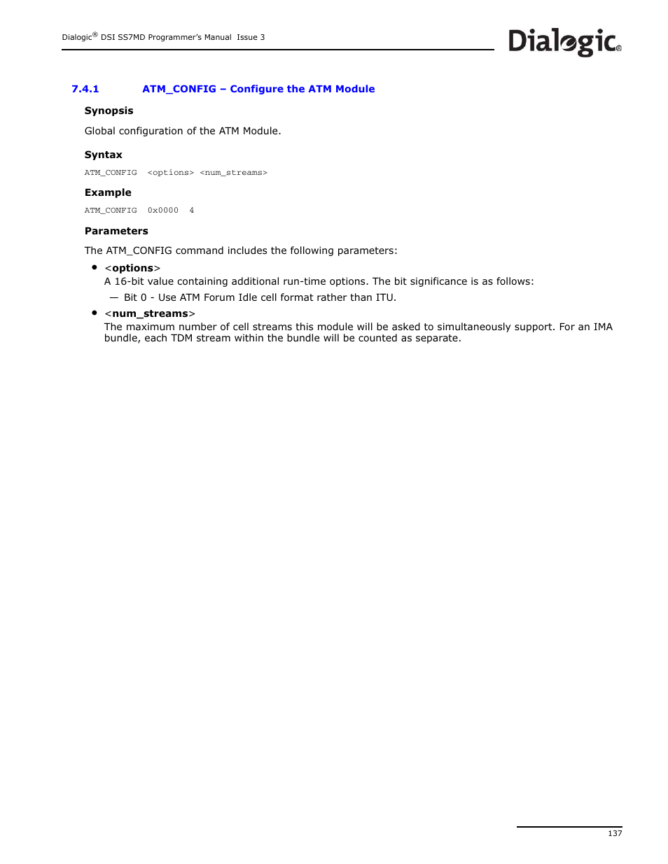 1 atm_config, Atm_config, Command. the links to be used are then | Configure the atm module | Dialogic DSI SS7MD User Manual | Page 137 / 191