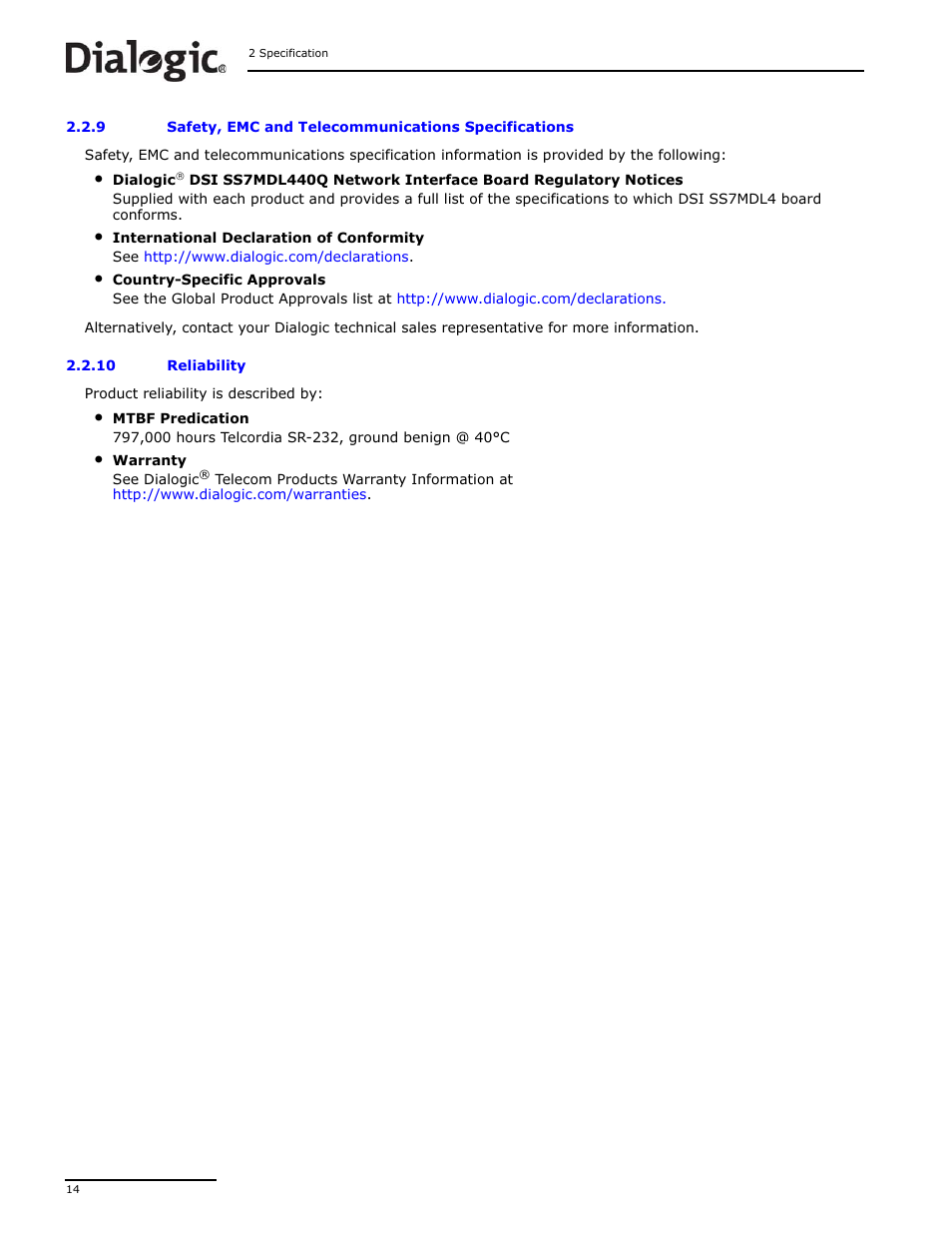 10 reliability, Safety, emc and telecommunications specifications, Reliability | Dialogic DSI SS7MD User Manual | Page 14 / 191