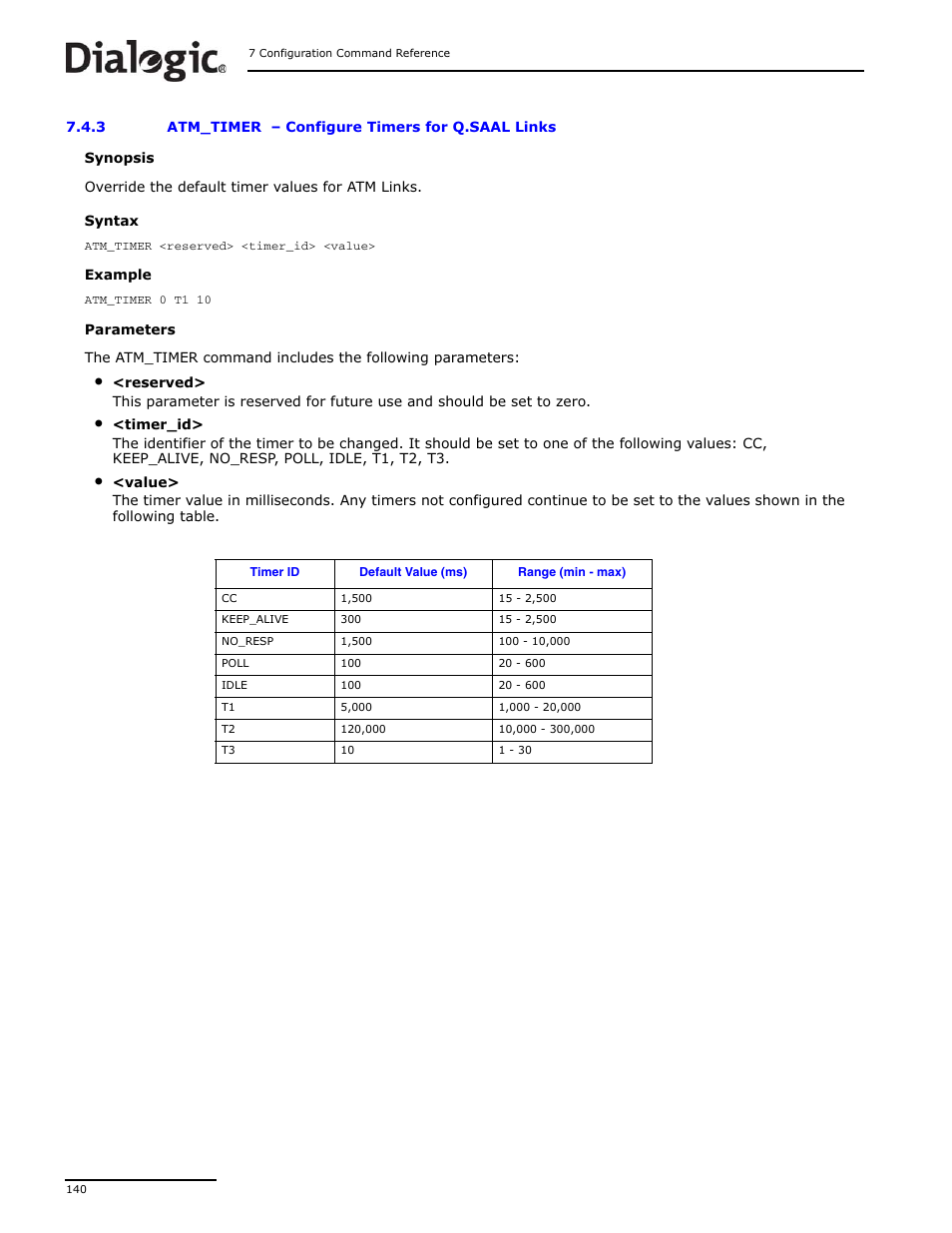 3 atm_timer, Atm_timer, Configure timers for q.saal links | Dialogic DSI SS7MD User Manual | Page 140 / 191