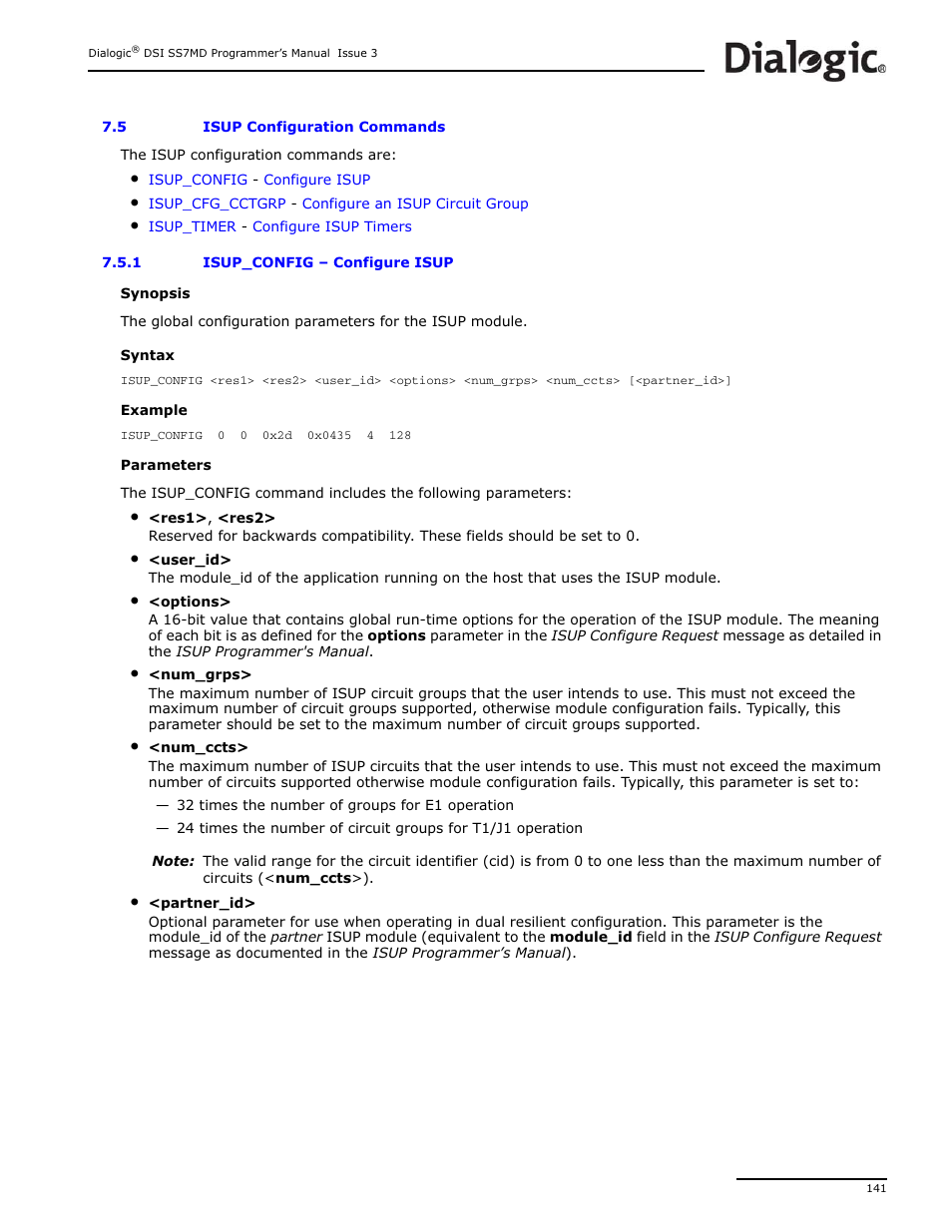 5 isup configuration commands, 1 isup_config, Isup configuration commands | Dialogic DSI SS7MD User Manual | Page 141 / 191