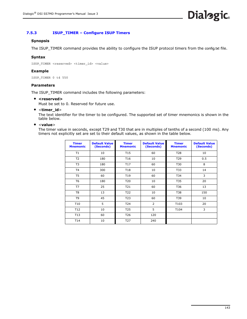 3 isup_timer, Isup_timer, Configure isup timers | Dialogic DSI SS7MD User Manual | Page 143 / 191