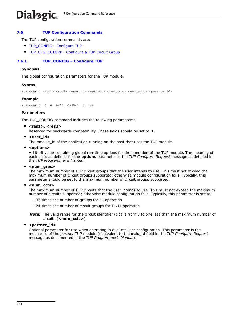 6 tup configuration commands, 1 tup_config, Tup configuration commands | Dialogic DSI SS7MD User Manual | Page 144 / 191