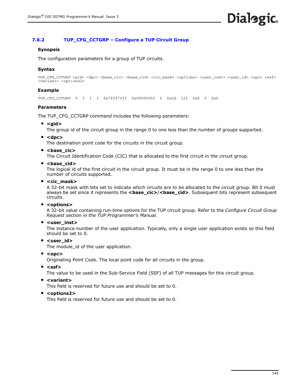 2 tup_cfg_cctgrp, Tup_cfg_cctgrp, Configure a tup circuit group | Dialogic DSI SS7MD User Manual | Page 145 / 191