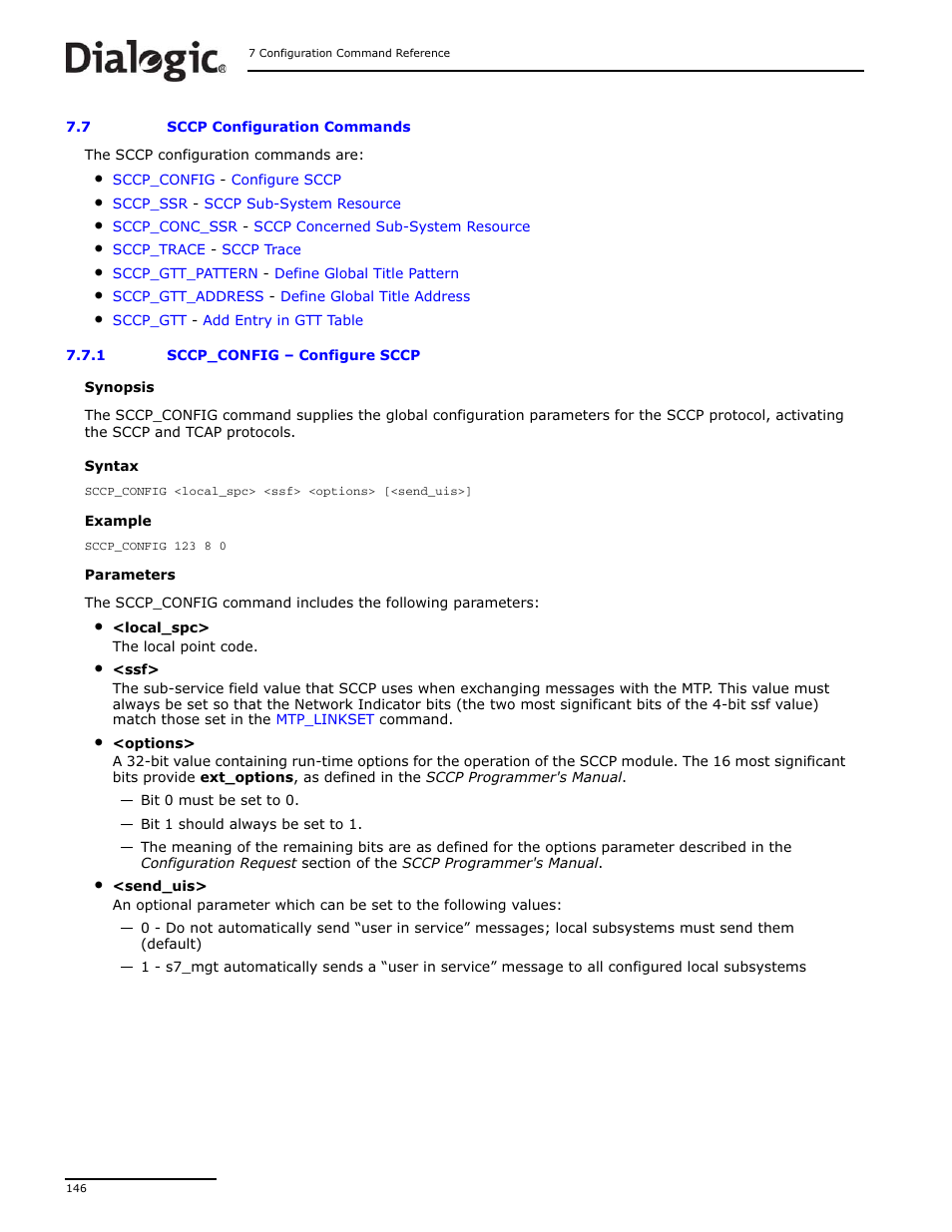 7 sccp configuration commands, 1 sccp_config, Sccp configuration commands | Dialogic DSI SS7MD User Manual | Page 146 / 191