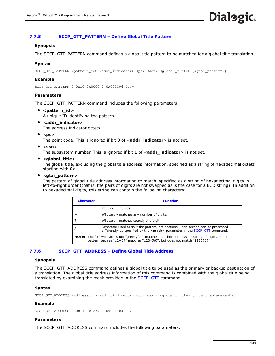 5 sccp_gtt_pattern, 6 sccp_gtt_address, Sccp_gtt_pattern | Define global title pattern, Sccp_gtt_address, Define global title address | Dialogic DSI SS7MD User Manual | Page 149 / 191