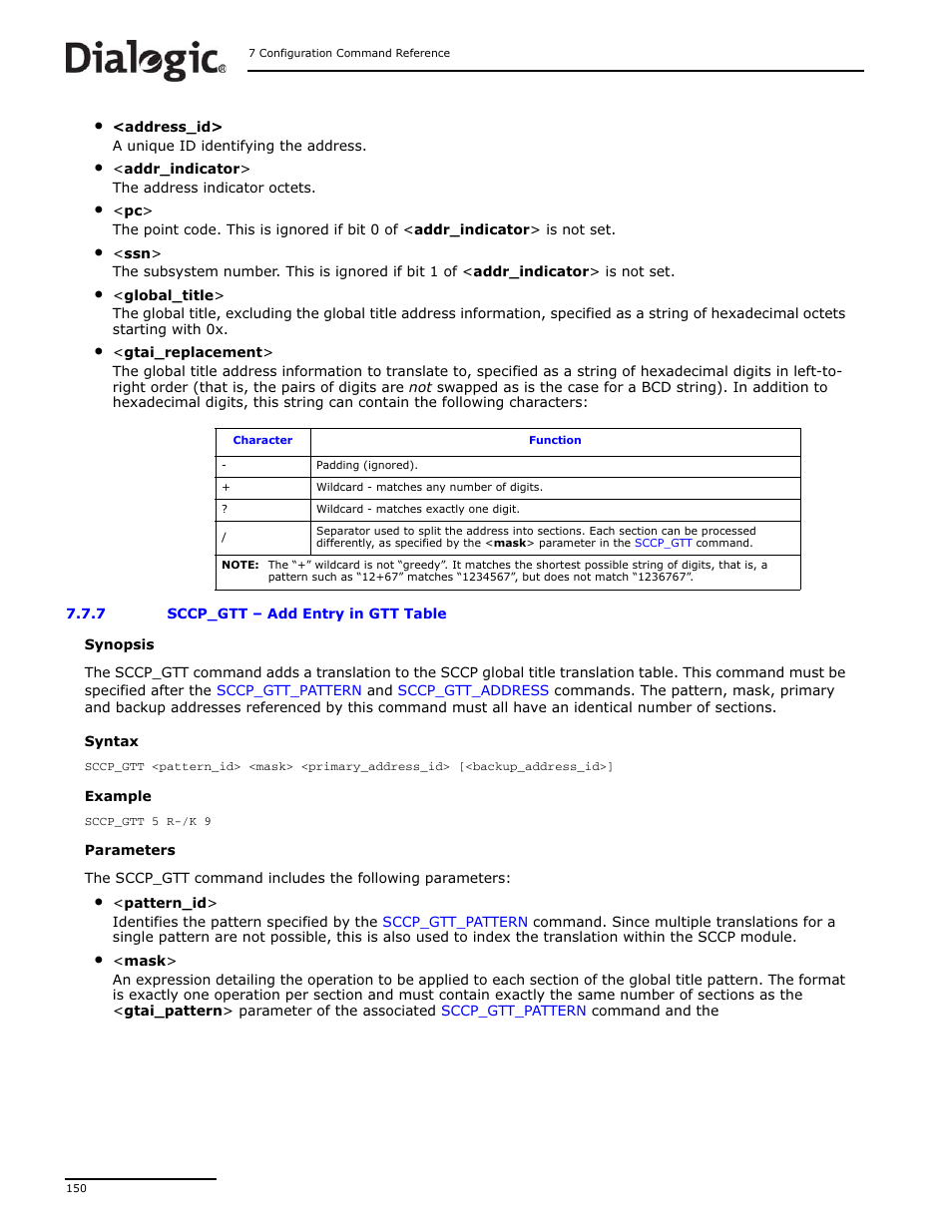 7 sccp_gtt, Sccp_gtt, Add entry in gtt table | Command | Dialogic DSI SS7MD User Manual | Page 150 / 191