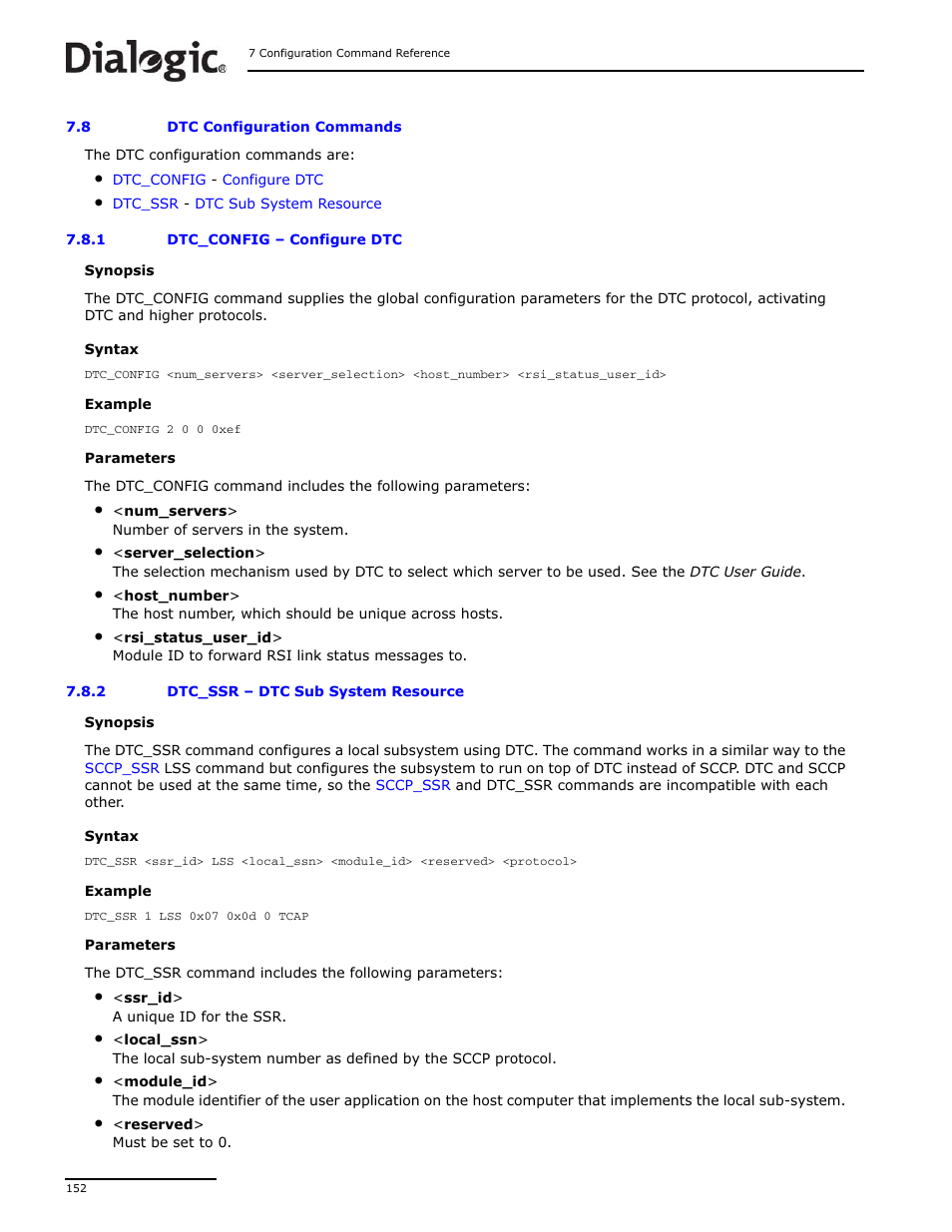 8 dtc configuration commands, 1 dtc_config, 2 dtc_ssr | Dtc configuration commands | Dialogic DSI SS7MD User Manual | Page 152 / 191