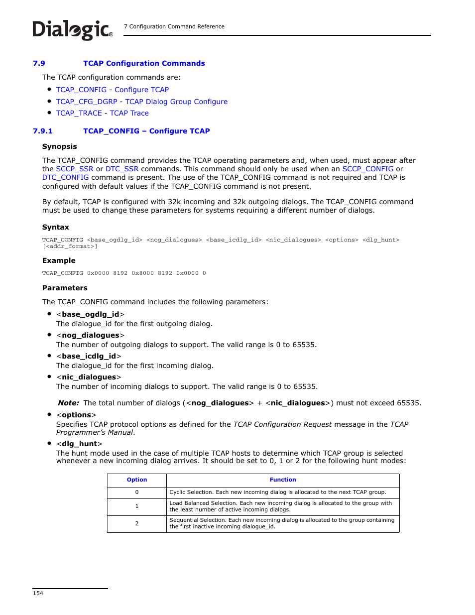 9 tcap configuration commands, 1 tcap_config, Tcap configuration commands | Dialogic DSI SS7MD User Manual | Page 154 / 191