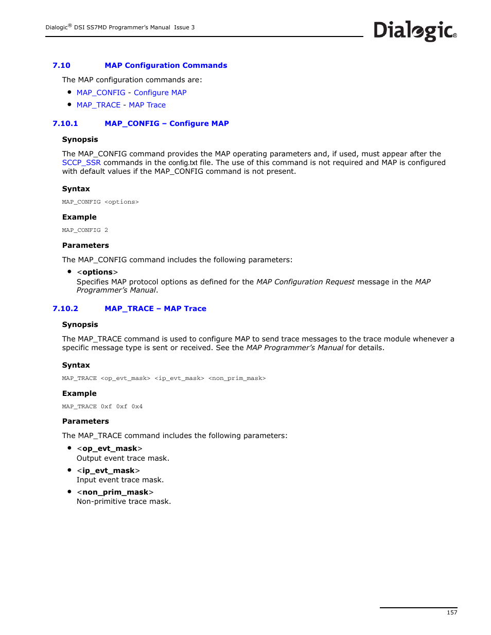 10 map configuration commands, 1 map_config, 2 map_trace | Map configuration commands | Dialogic DSI SS7MD User Manual | Page 157 / 191