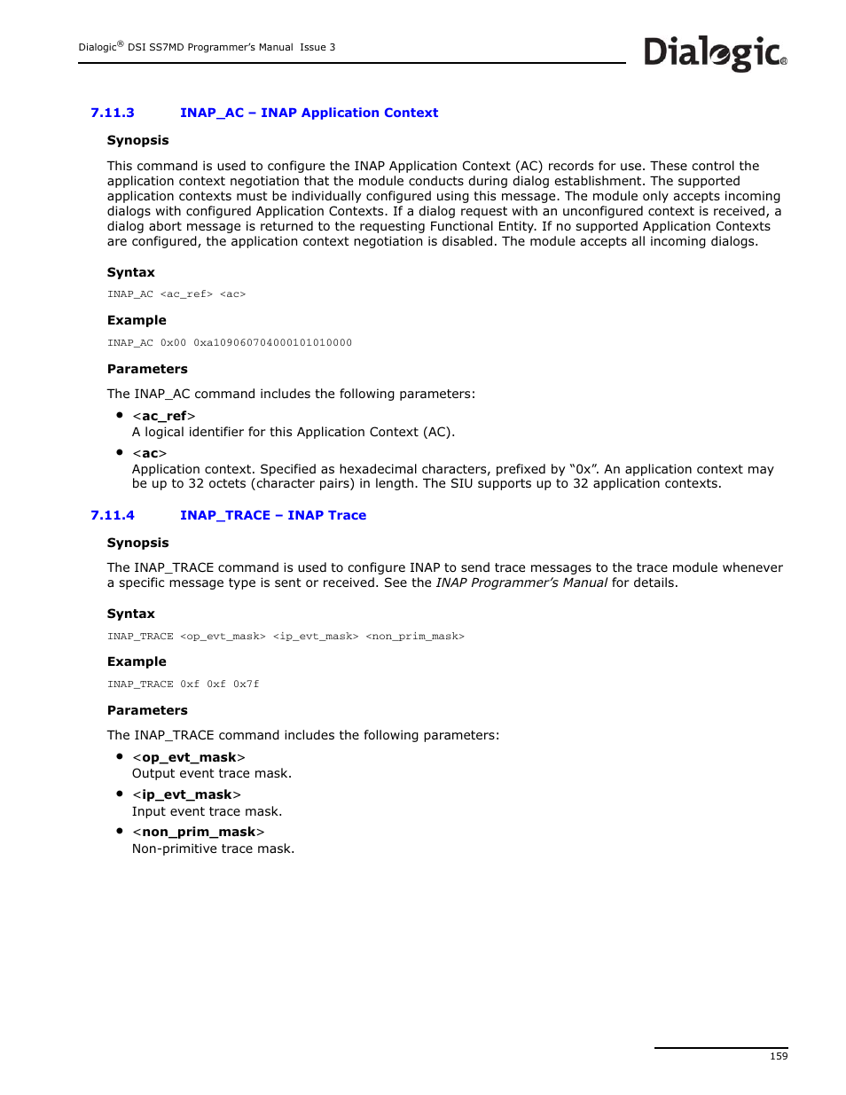 3 inap_ac, 4 inap_trace, Inap_ac | Inap application context, Inap_trace, Inap trace | Dialogic DSI SS7MD User Manual | Page 159 / 191