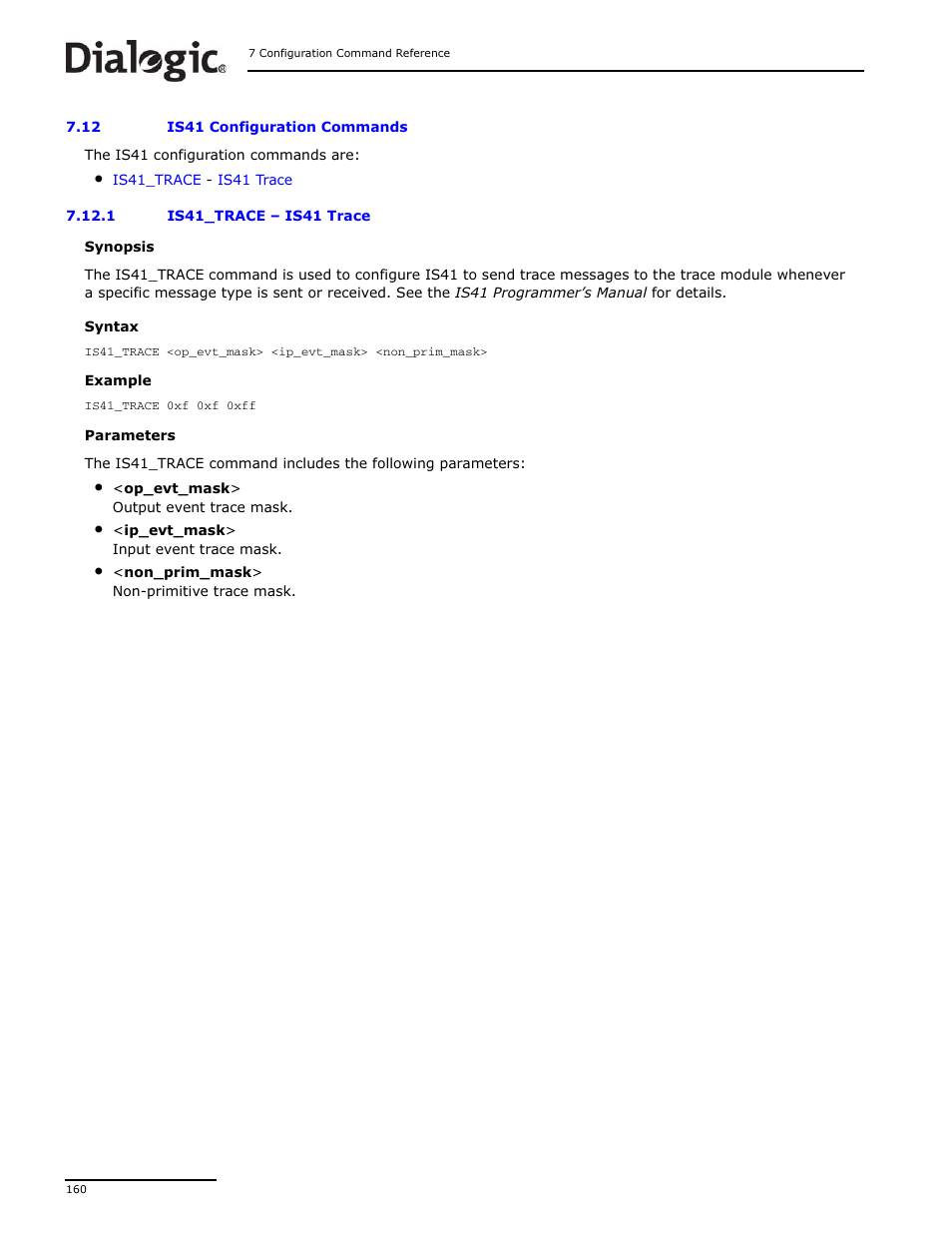 12 is41 configuration commands, 1 is41_trace, Is41 configuration commands | Dialogic DSI SS7MD User Manual | Page 160 / 191