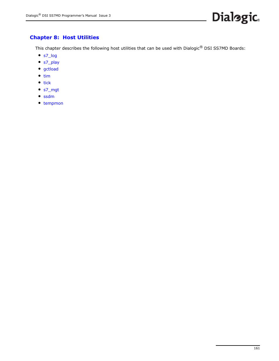 Chapter 8: host utilities, Host utilities | Dialogic DSI SS7MD User Manual | Page 161 / 191