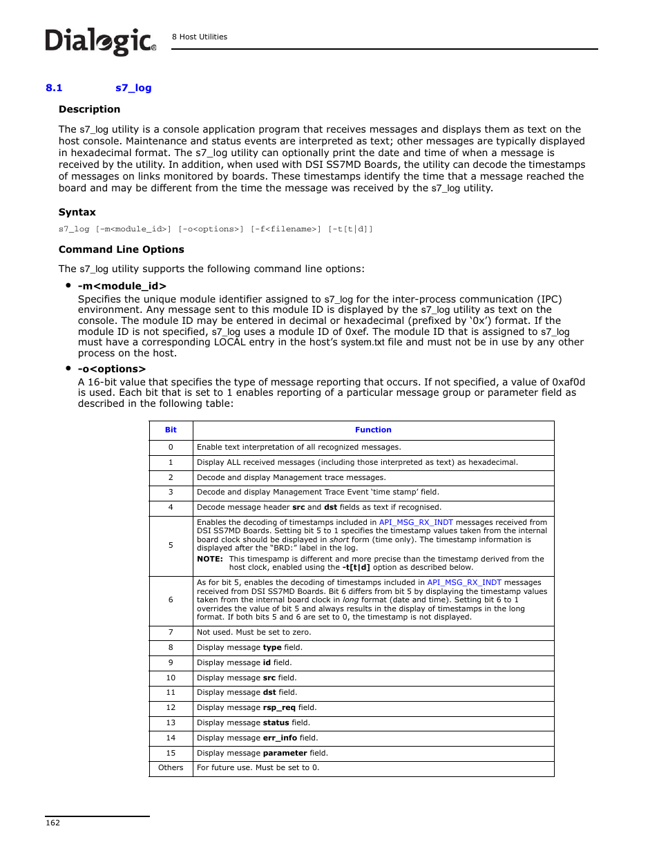 1 s7_log, S7_log, Section 8.1, “s7_log” on | Y board and/or host timestamp information. see, Section 8.1 | Dialogic DSI SS7MD User Manual | Page 162 / 191