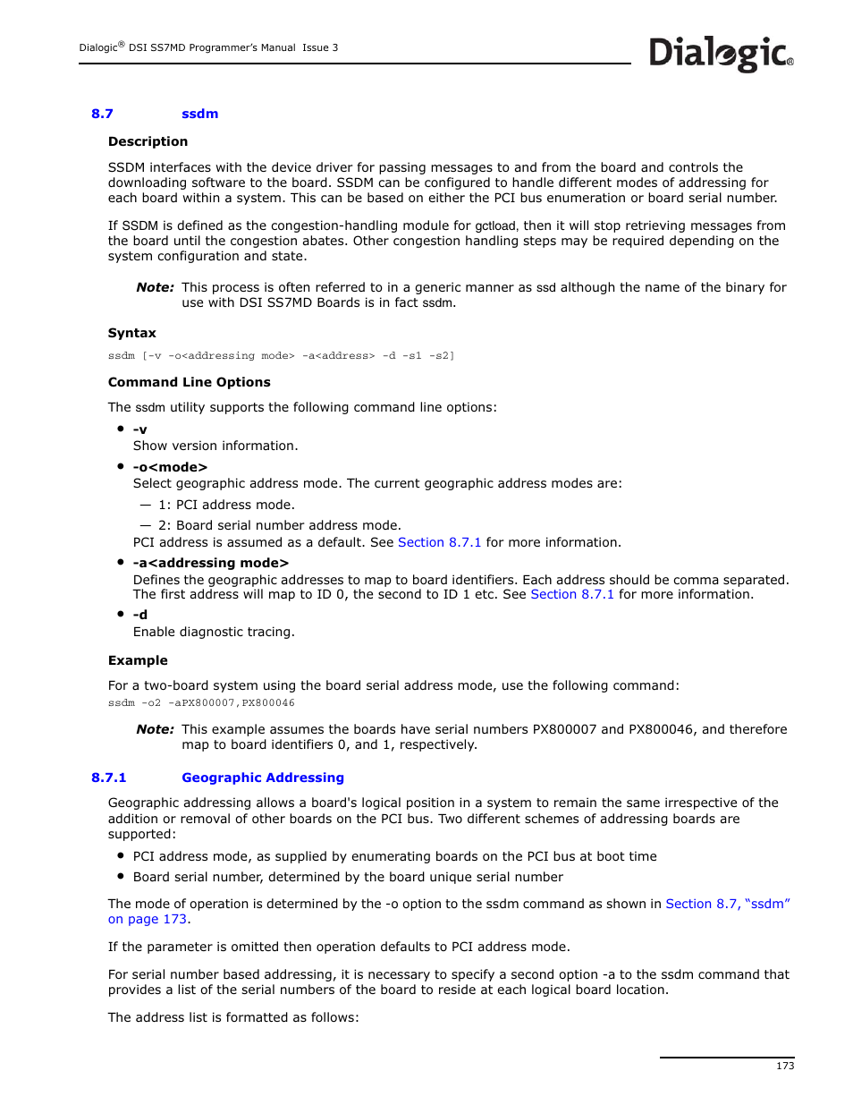 7 ssdm, 1 geographic addressing, Ssdm 8.7.1 | Geographic addressing, Or their physical address (see, Section 8.7.1, Ysical address (see, Ssdm | Dialogic DSI SS7MD User Manual | Page 173 / 191