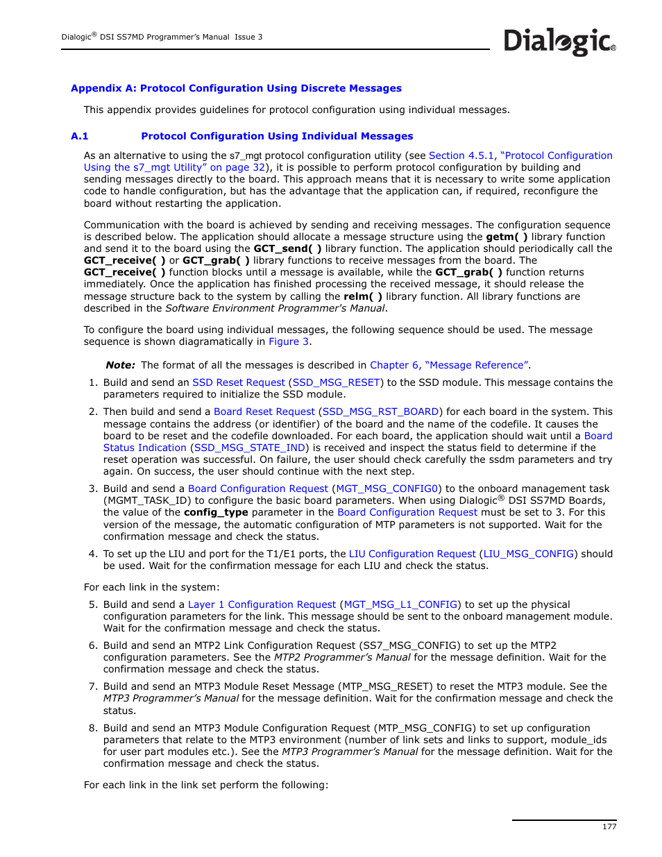 Appendix a, “protocol, Configuration using discrete messages, For more information | Fer to | Dialogic DSI SS7MD User Manual | Page 177 / 191