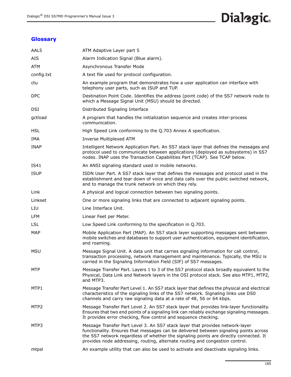 Glossary | Dialogic DSI SS7MD User Manual | Page 185 / 191