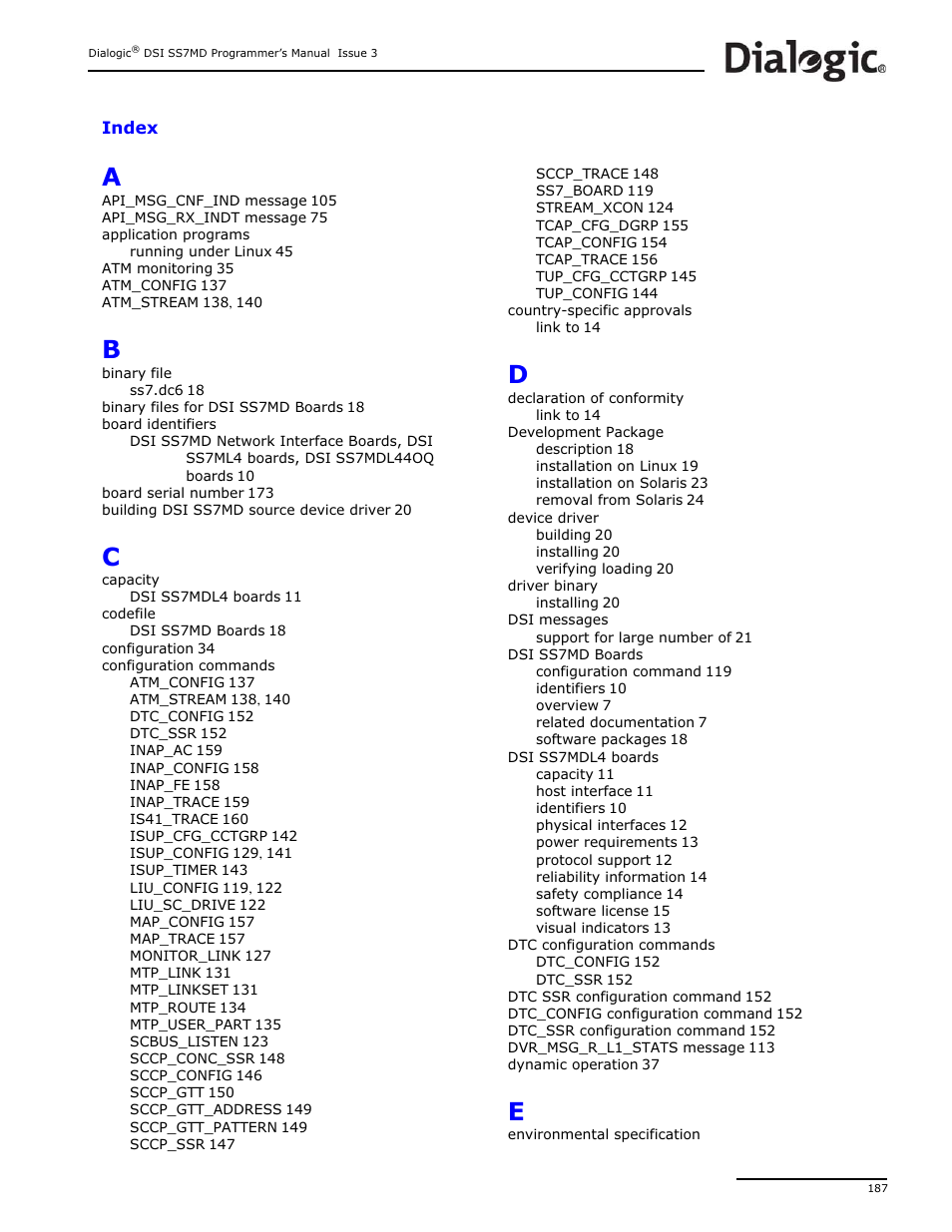 Index | Dialogic DSI SS7MD User Manual | Page 187 / 191