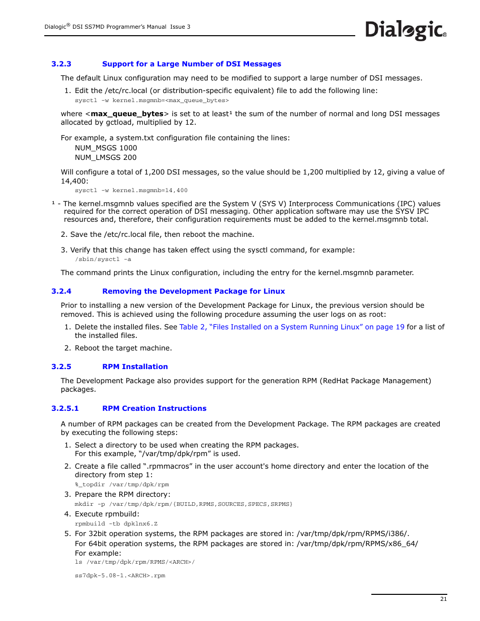 3 support for a large number of dsi messages, 4 removing the development package for linux, 5 rpm installation | Support for a large number of dsi messages, Removing the development package for linux, Rpm installation | Dialogic DSI SS7MD User Manual | Page 21 / 191