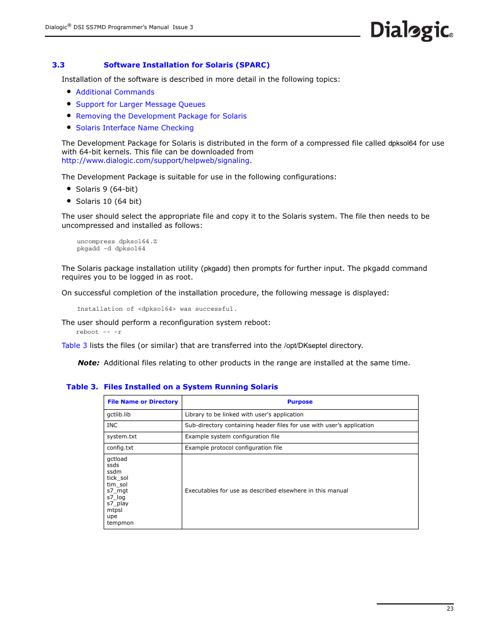 3 software installation for solaris (sparc), Software installation for solaris (sparc), Files installed on a system running solaris | Dialogic DSI SS7MD User Manual | Page 23 / 191