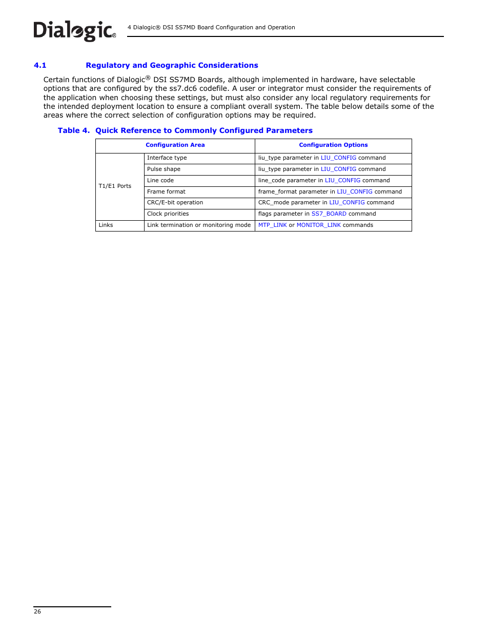 1 regulatory and geographic considerations, Regulatory and geographic considerations, Quick reference to commonly configured parameters | Dialogic DSI SS7MD User Manual | Page 26 / 191