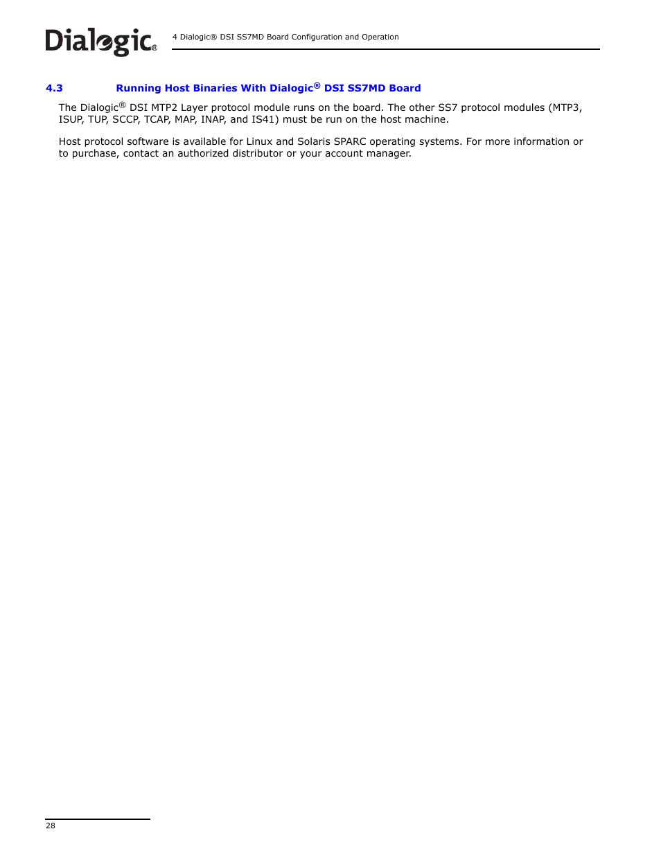 Running host binaries with dialogic, Dsi ss7md board, Section 4.3, “running host binaries with dialogic | Dialogic DSI SS7MD User Manual | Page 28 / 191