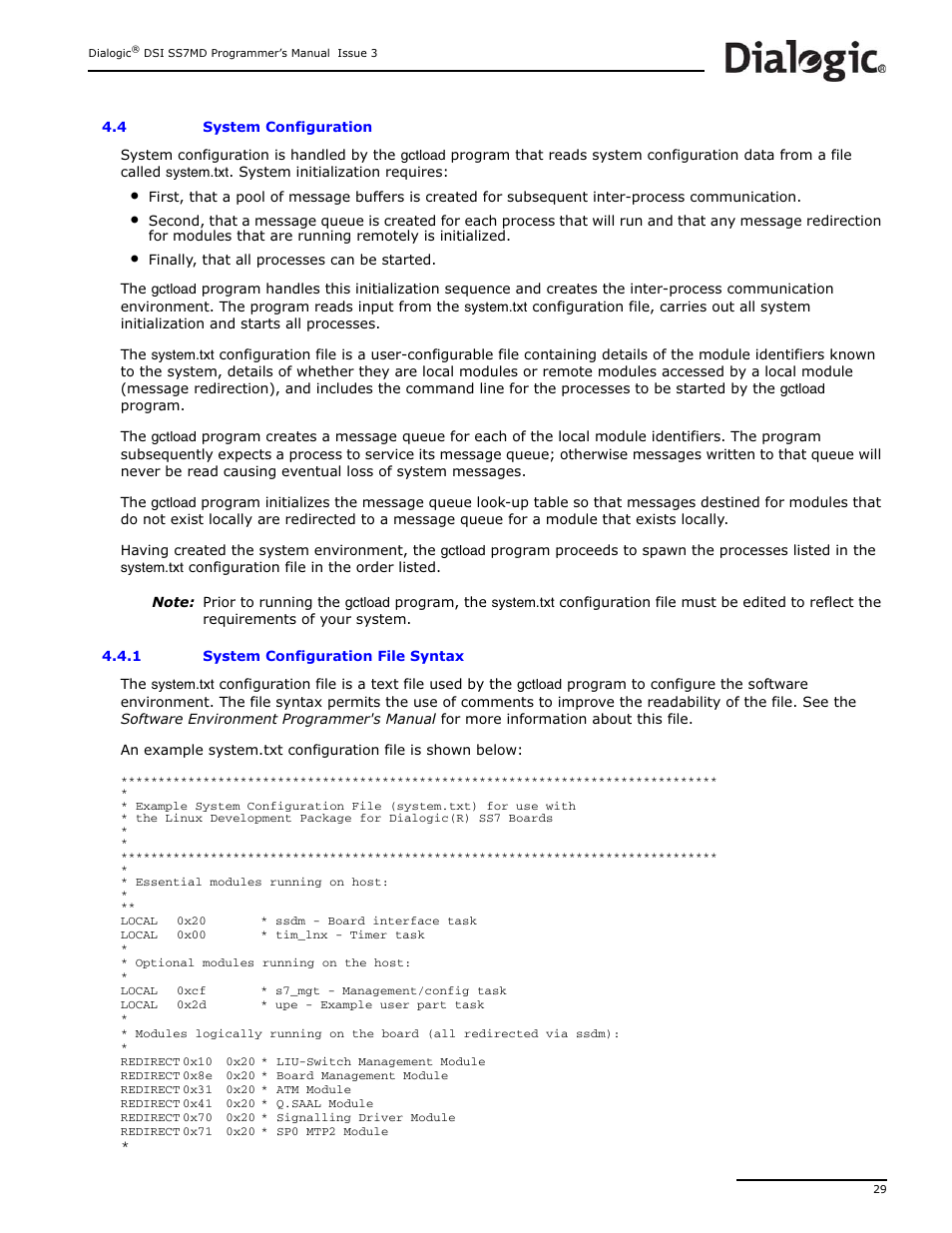 4 system configuration, 1 system configuration file syntax, System configuration 4.4.1 | System configuration file syntax, System configuration | Dialogic DSI SS7MD User Manual | Page 29 / 191