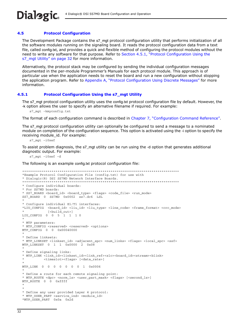 5 protocol configuration, 1 protocol configuration using the s7_mgt utility, Protocol configuration 4.5.1 | Protocol configuration using the s7_mgt utility, Protocol configuration | Dialogic DSI SS7MD User Manual | Page 32 / 191