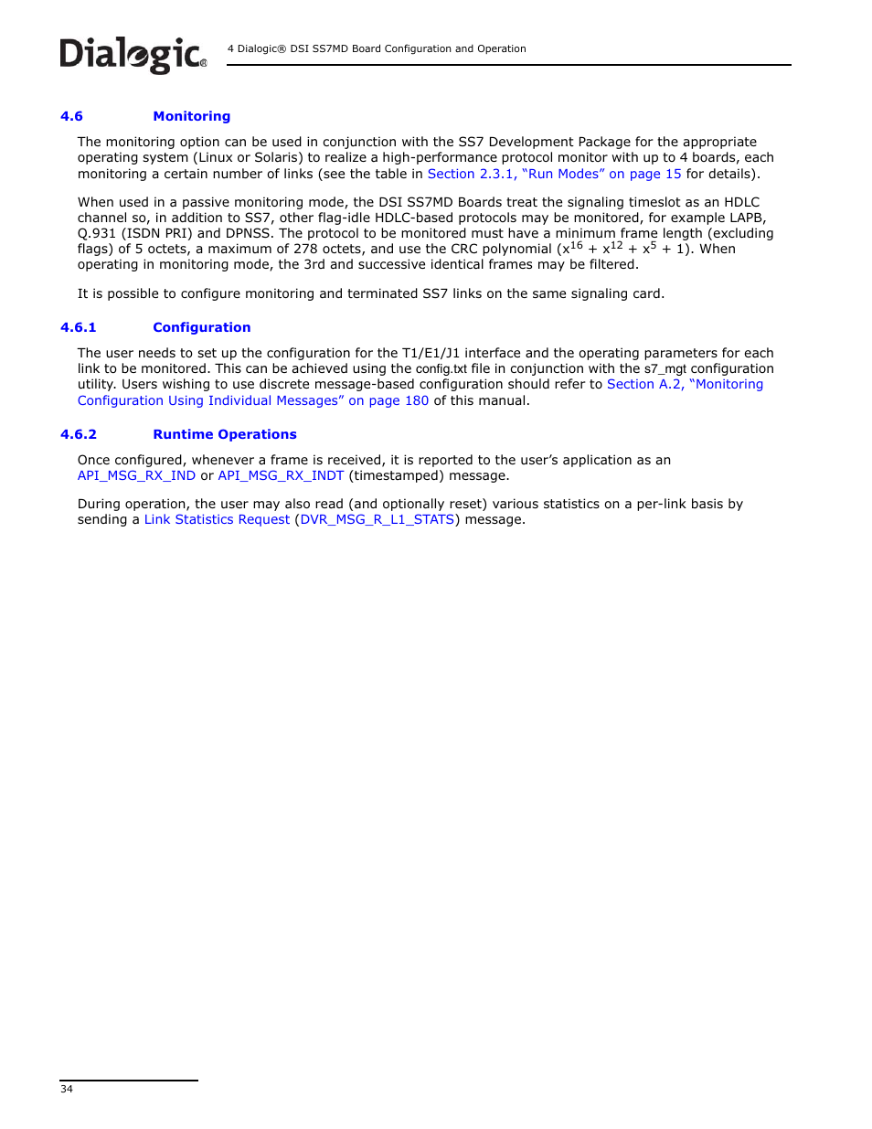 6 monitoring, 1 configuration, 2 runtime operations | Monitoring 4.6.1, Configuration, Runtime operations, Monitoring | Dialogic DSI SS7MD User Manual | Page 34 / 191