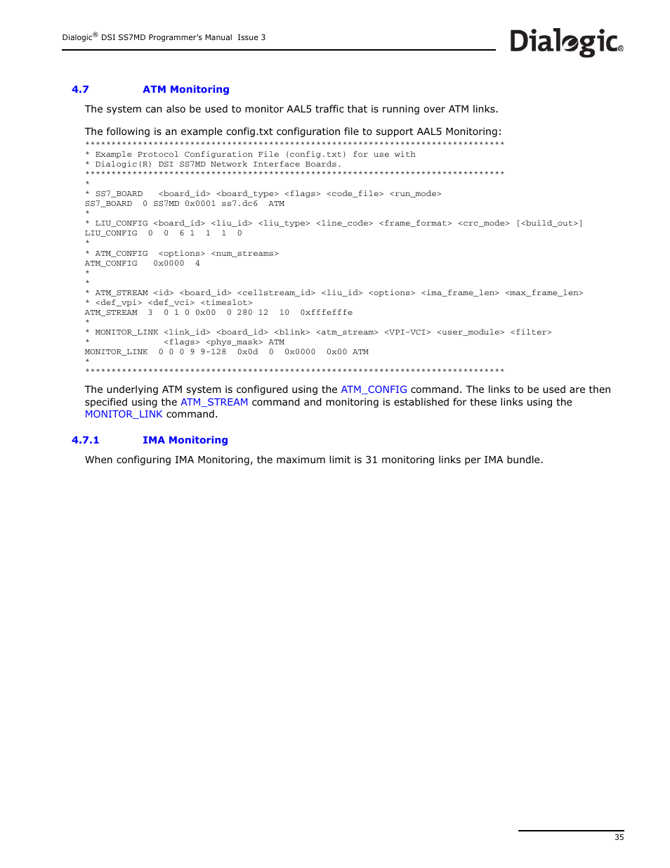 7 atm monitoring, 1 ima monitoring, Atm monitoring 4.7.1 | Ima monitoring, Atm monitoring | Dialogic DSI SS7MD User Manual | Page 35 / 191