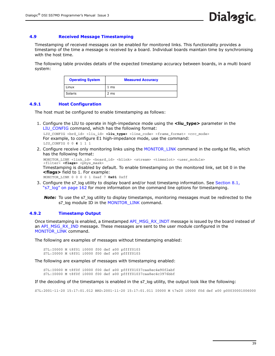 9 received message timestamping, 1 host configuration, 2 timestamp output | Received message timestamping 4.9.1, Host configuration, Timestamp output, Received message timestamping | Dialogic DSI SS7MD User Manual | Page 39 / 191