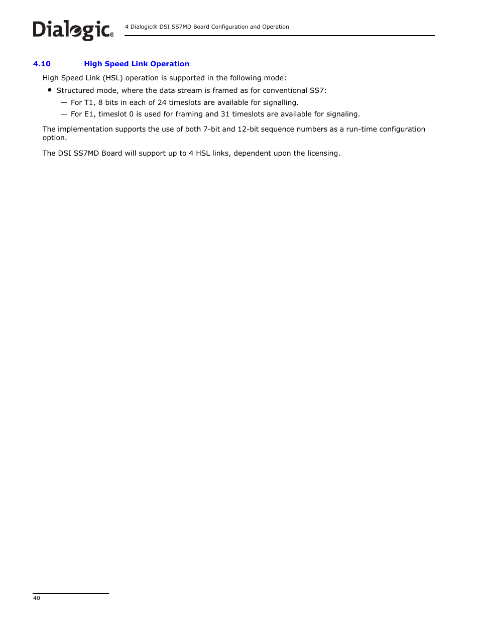 10 high speed link operation, High speed link operation | Dialogic DSI SS7MD User Manual | Page 40 / 191