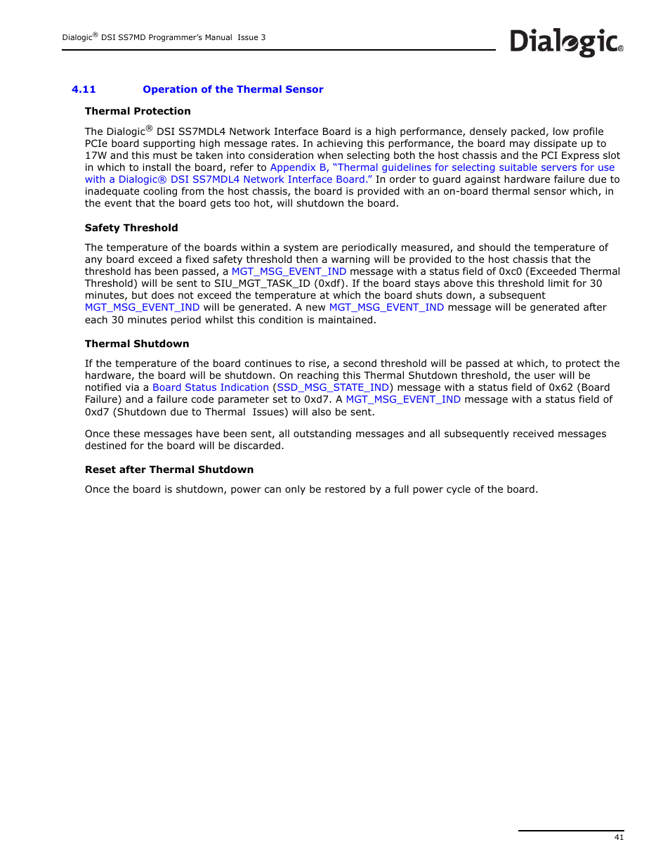 11 operation of the thermal sensor, Operation of the thermal sensor | Dialogic DSI SS7MD User Manual | Page 41 / 191