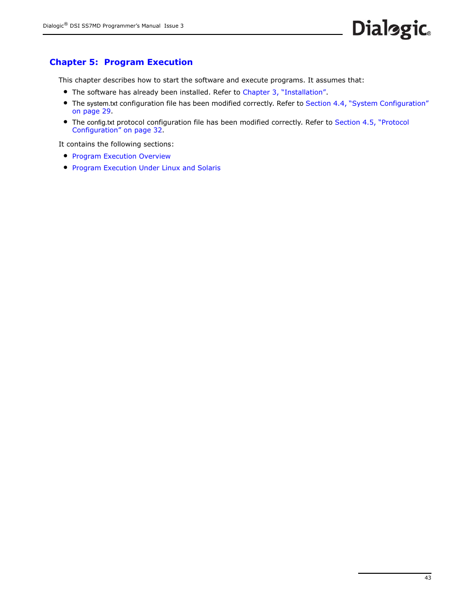 Chapter 5: program execution, Program execution | Dialogic DSI SS7MD User Manual | Page 43 / 191