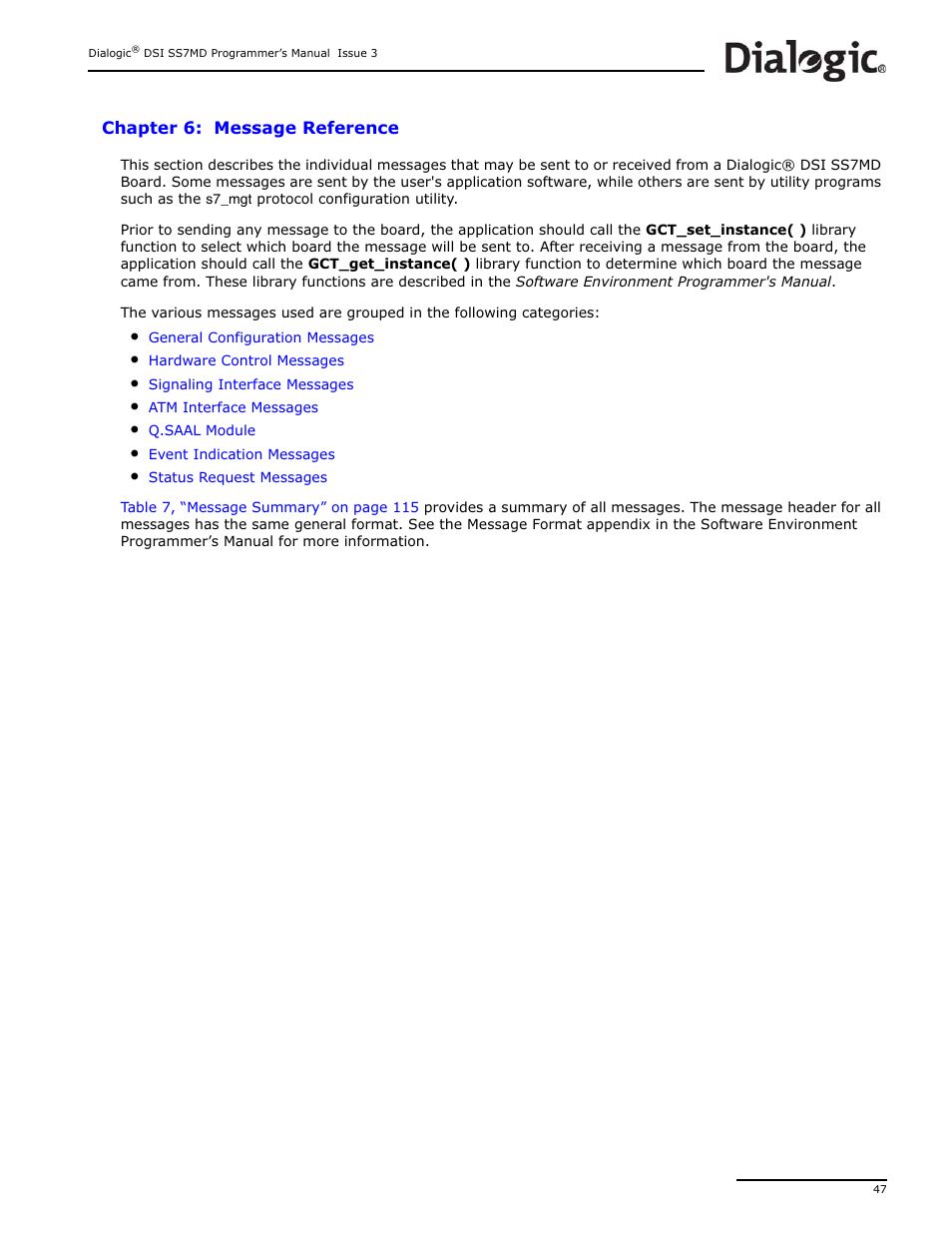 Chapter 6: message reference, Message reference | Dialogic DSI SS7MD User Manual | Page 47 / 191