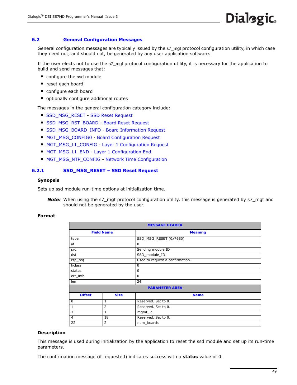 2 general configuration messages, 1 ssd_msg_reset, General configuration messages | Dialogic DSI SS7MD User Manual | Page 49 / 191