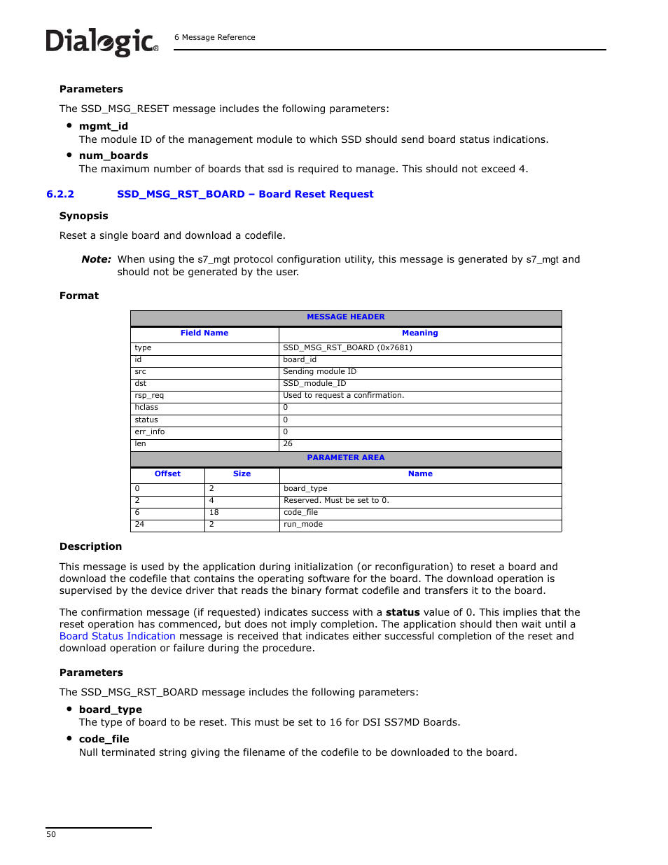 2 ssd_msg_rst_board, Ssd_msg_rst_board, Board reset request | Dialogic DSI SS7MD User Manual | Page 50 / 191